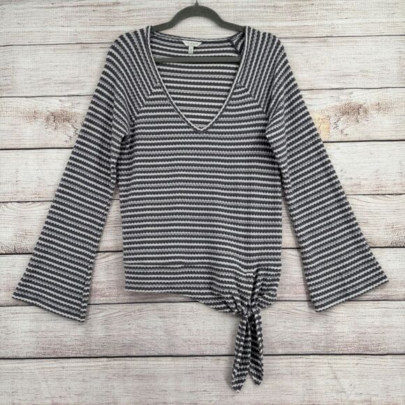 Lucky Brand‎ Striped Scoop Neck Tie Side Knit Top Women's Size Medium Gray/White - Picture 1 of 11